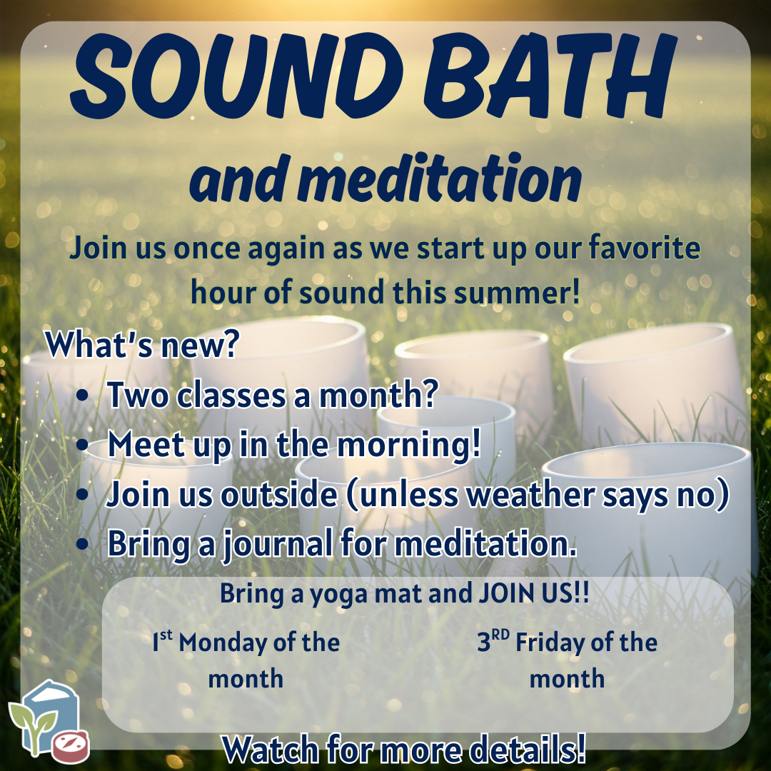 Text on the information about the class is over an image of crystal singing bowls in the grass.