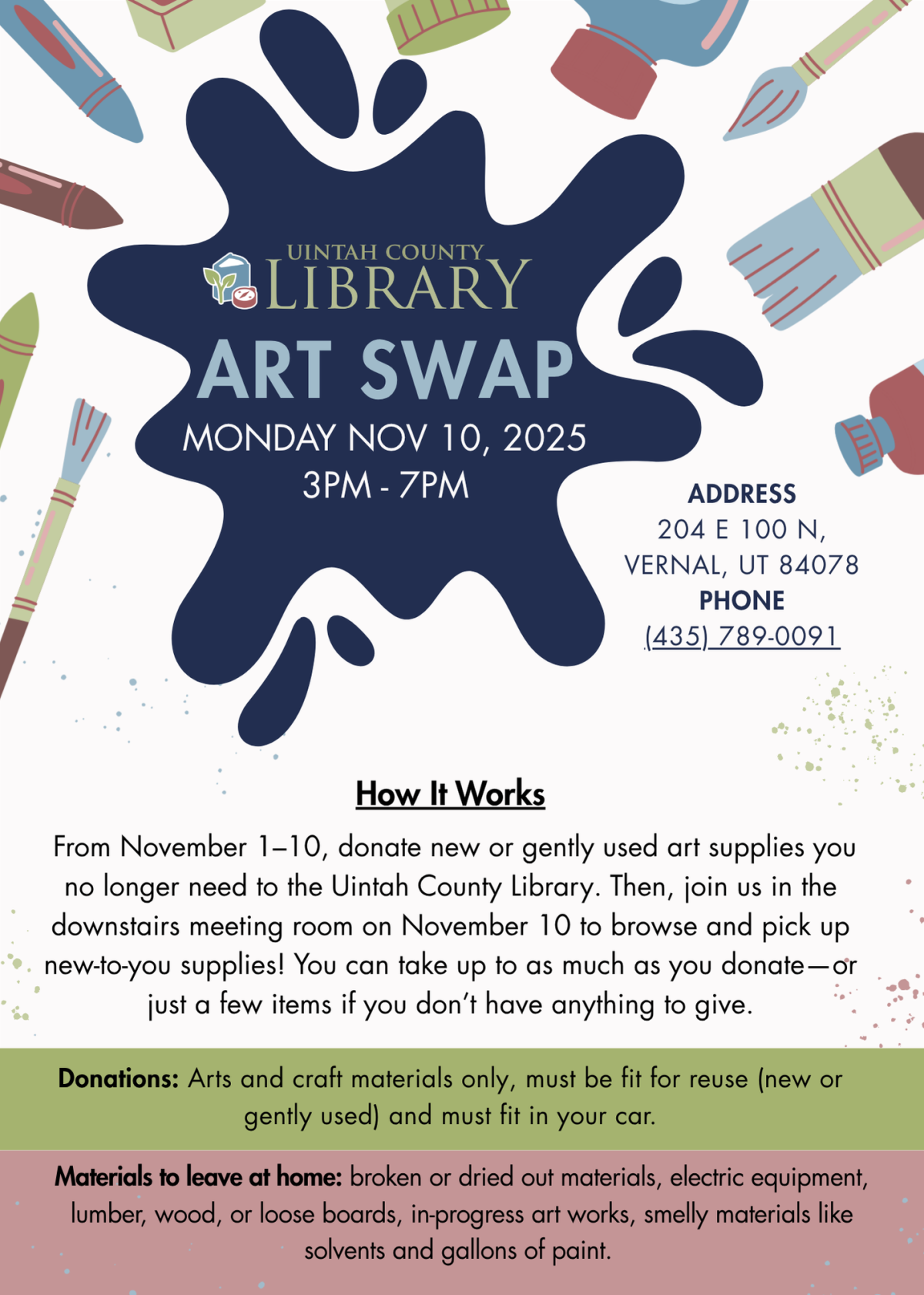 Flyer with art supplies and directions about the Art Swap