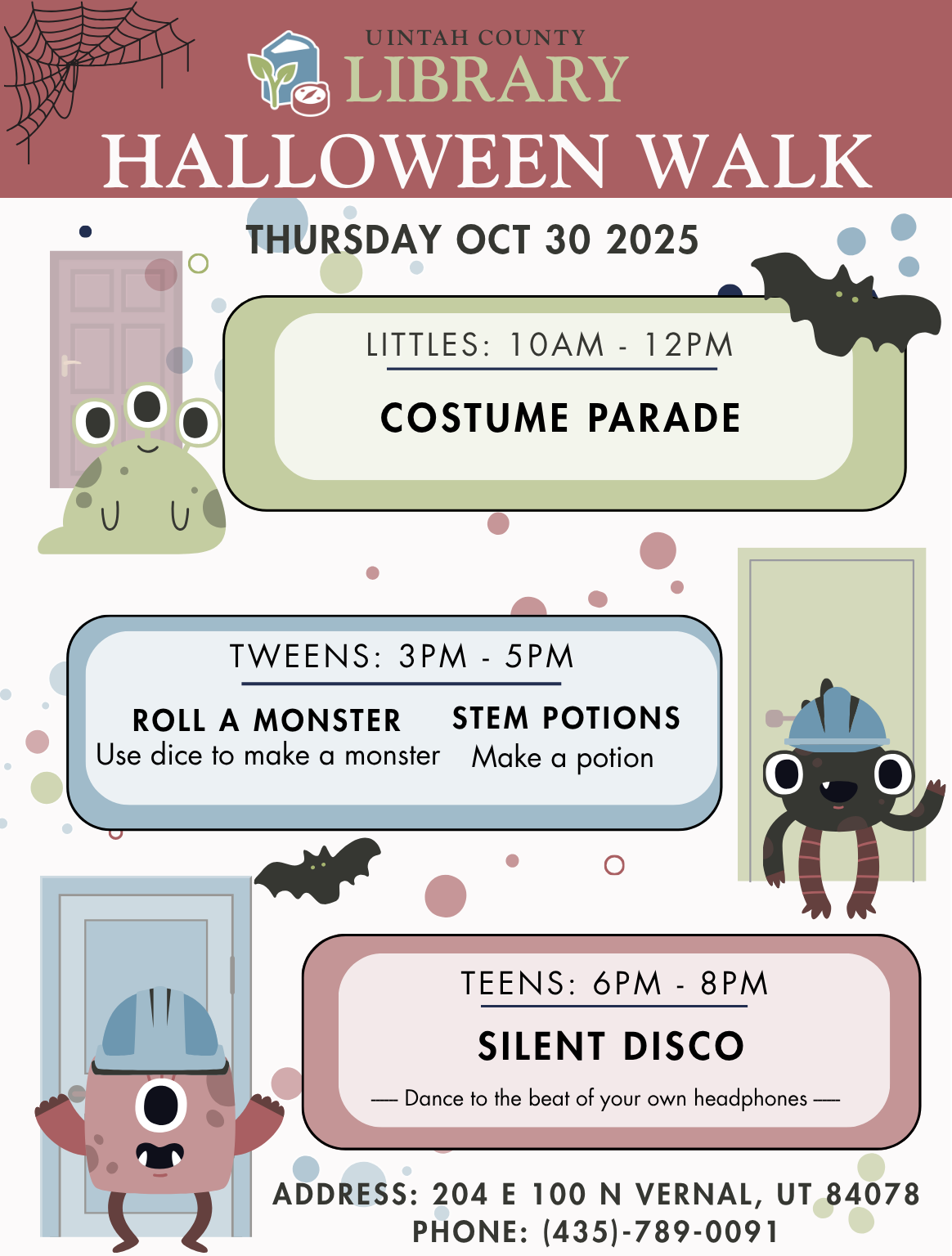 Activity information, decorated with monsters and doors.