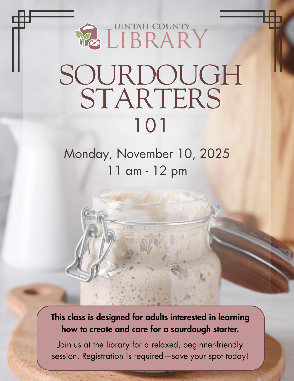 Sourdough Stater flyer with dough in a jar and details about the event